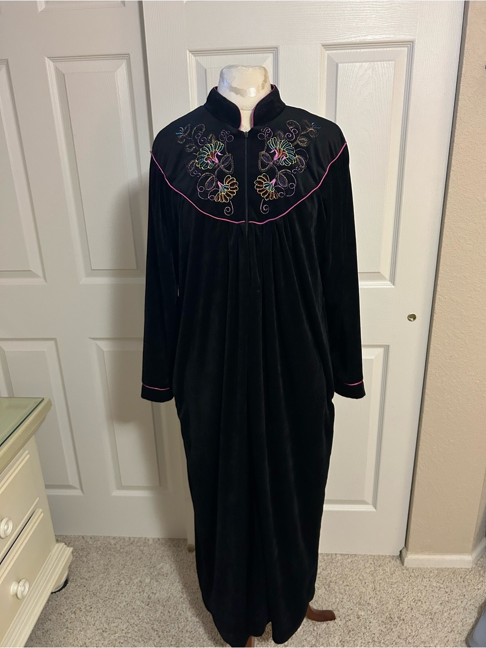 Anthony Richards Black Long Sleeve Embroidered Nightgown with Pockets